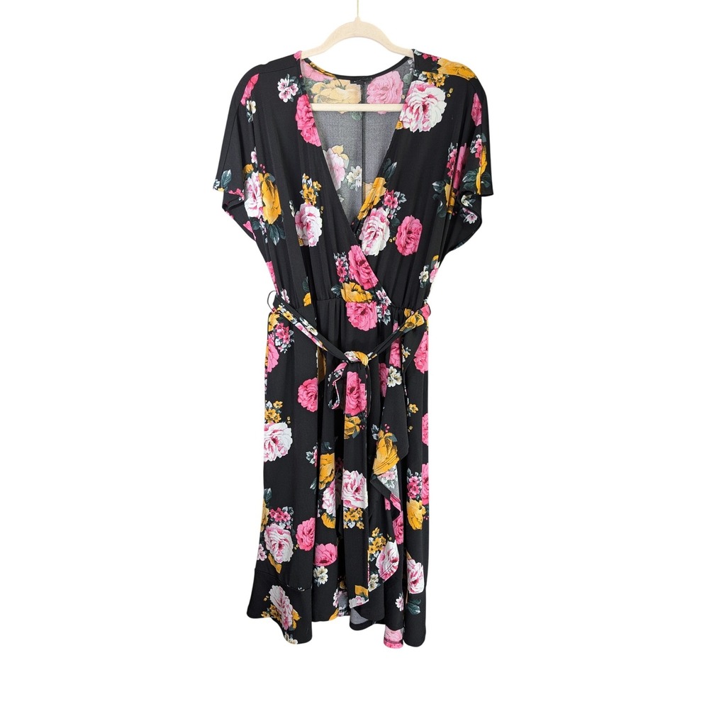 Torrid Dress Womens Plus 2x Black Floral Faux Wrap Midi Dress Short Sleeve